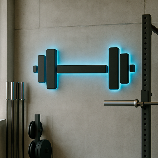 Neon-lit barbell on a wall in a gym setting