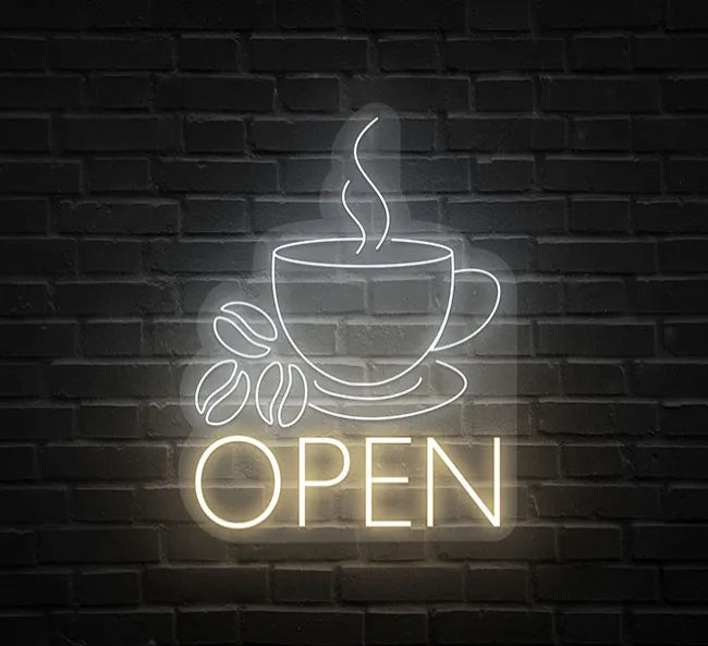 A vibrant open sign neon displaying the word "Open" in warm white above a steaming coffee cup in cool white. Ideal for cafes, coffee shops, or kitchens, adding a welcoming and cozy glow to the space.