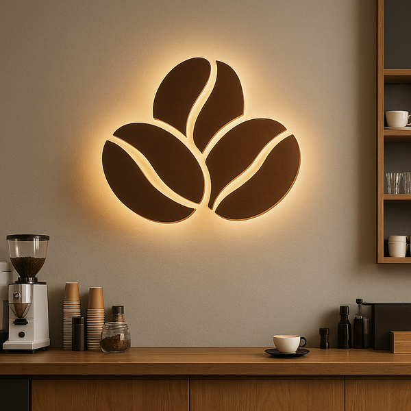 Decorative wall light shaped like coffee beans in a kitchen setting.