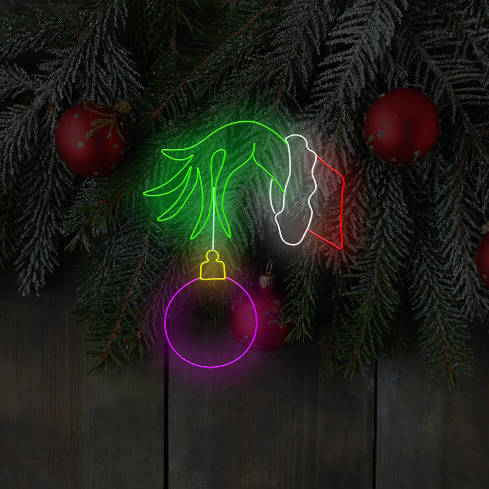 Grinch stealing a bauble christmas neon sign