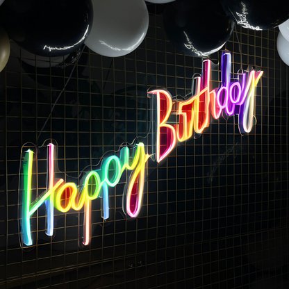 Vibrant RGB Happy Birthday neon sign, illuminating celebrations with a spectrum of colors, perfect for adding a festive touch to birthday parties