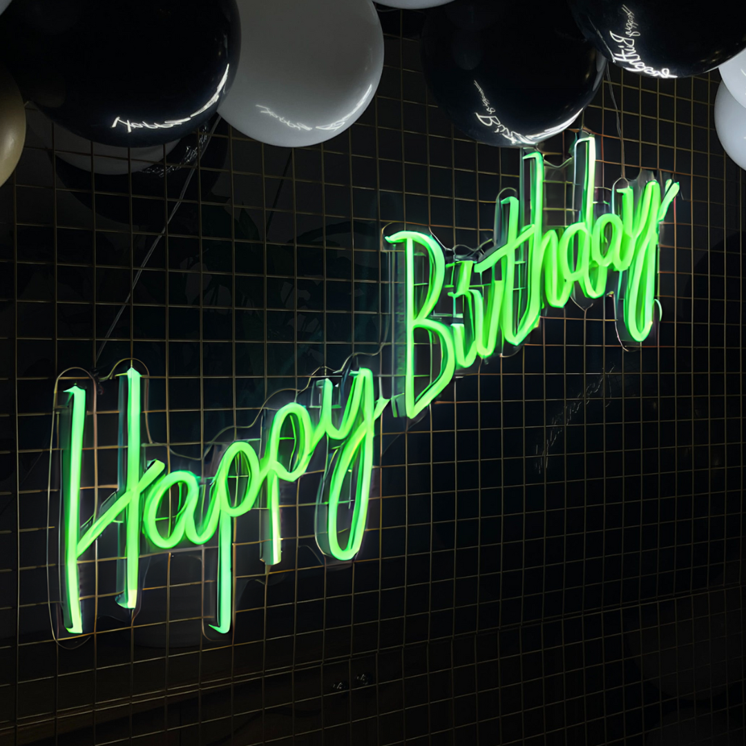 Eye-catching Happy Birthday neon sign with vibrant LEDs, ideal for enhancing birthday party decorations, celebrations, and event decor