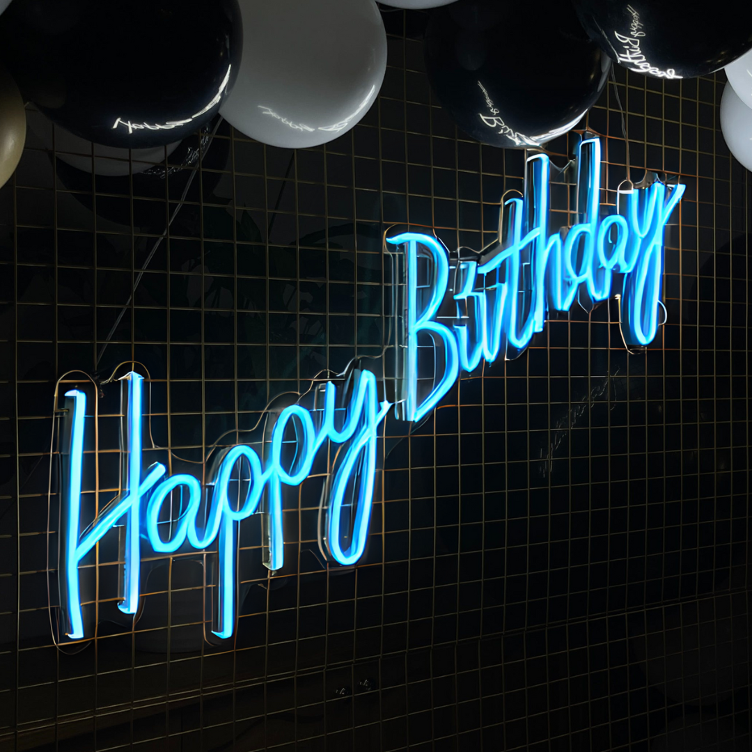 Vibrant LED Happy Birthday neon sign, perfect for birthday party decor, festive celebrations, and special event decorations