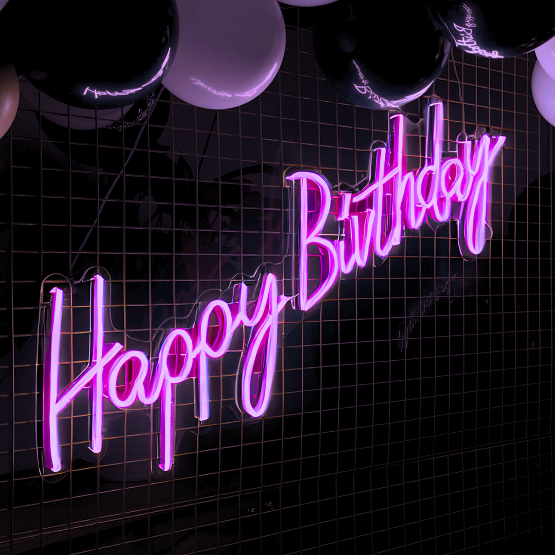 Festive LED Happy Birthday neon sign, perfect for birthday decorations, party lighting, and celebratory event decor