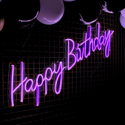 Bright Happy Birthday neon sign with colorful LEDs, ideal for party decorations, birthday celebrations, and event decor.