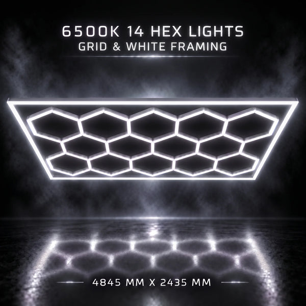 A glowing LED hexagonal grid light panel with white framing, shown against a dark smoky background with text reading '6500K 14 HEX LIGHTS GRID & WHITE FRAMING' and dimensions '4845 MM X 2435 MM' below.