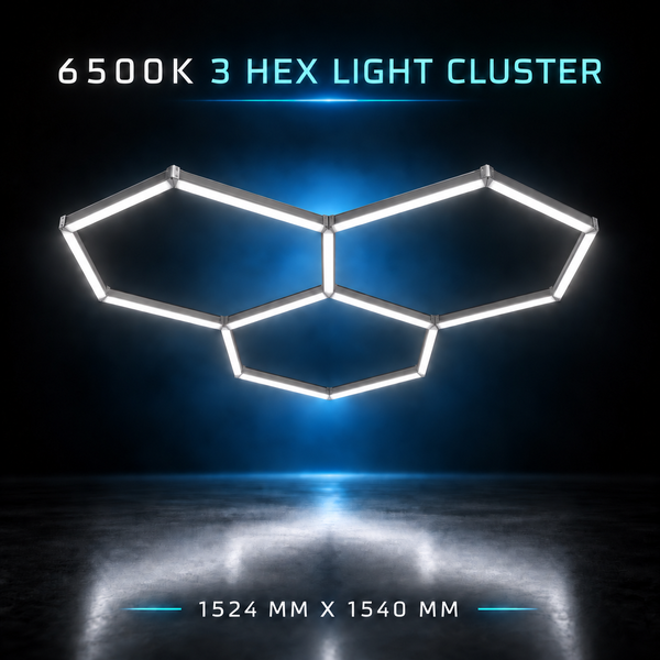 A set of 3 hexagon lights in 6500k cool white measuring 1524mm by 1540mm
