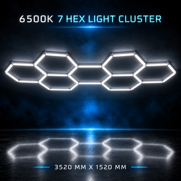 A 7-hex LED light cluster wall light in white, shown illuminated against a dark blue and black background with text overlays indicating '6500K 7 HEX LIGHT CLUSTER' and dimensions '3520 MM X 1520 MM'.