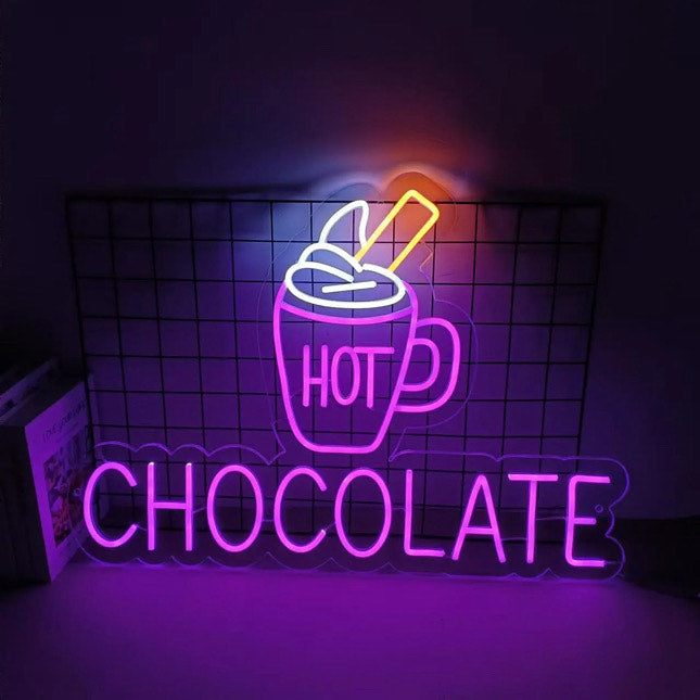 Hot chocolate mug in purple neon led lights