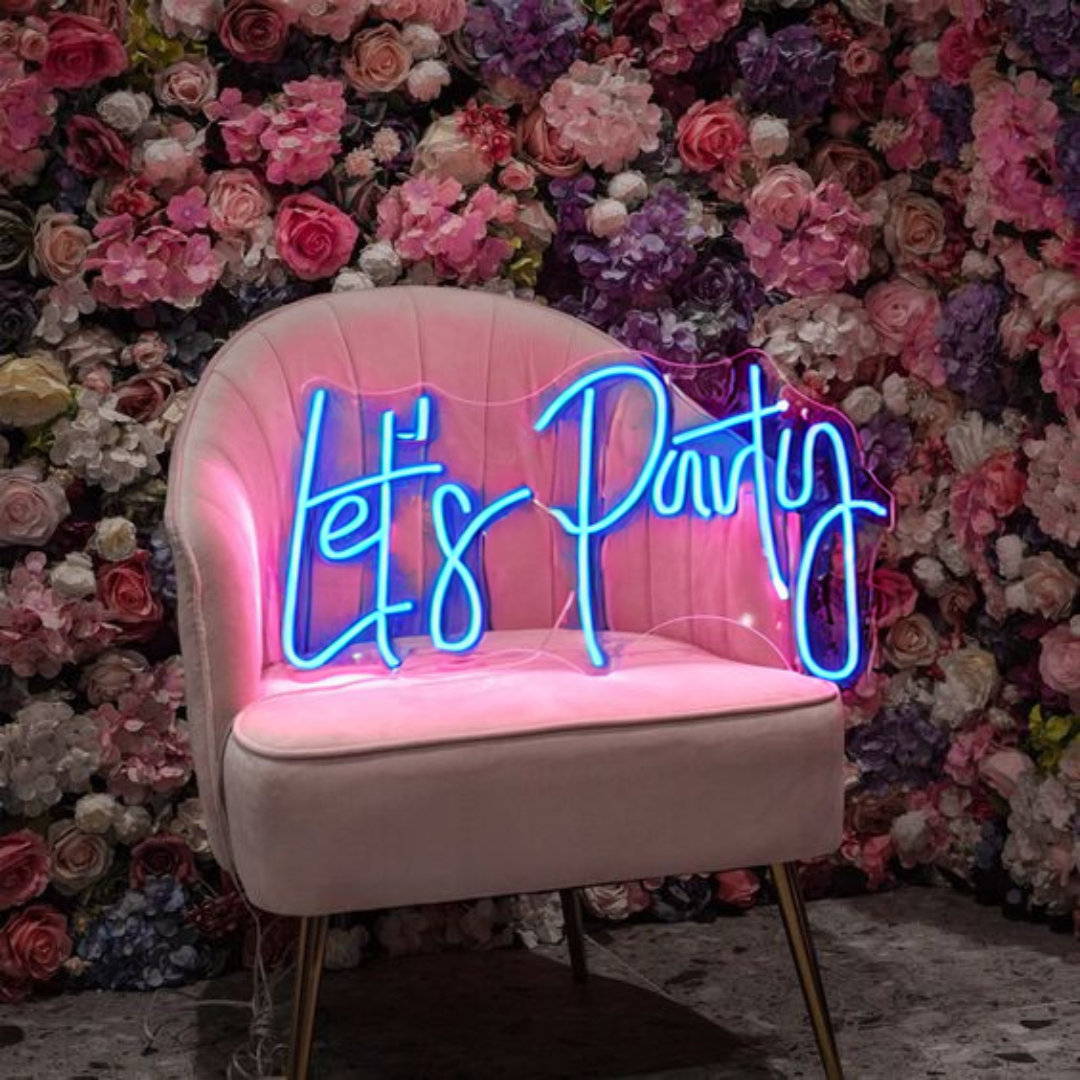 Colorful party neon sign with bright LEDs, perfect for party decor, event lighting, and creating a lively celebration ambiance