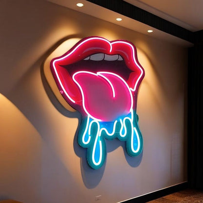 Lips and tongue PVC neon sign with vibrant LED lights, perfect stylish decor