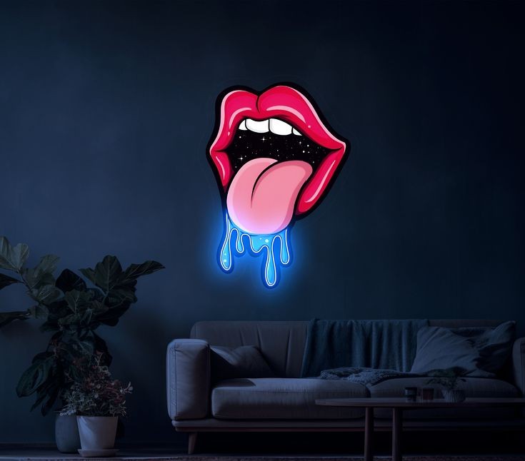 Lips and tongue PVC neon sign with vibrant LED lights, perfect for home decor.