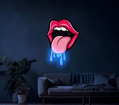 Lips and tongue PVC neon sign with vibrant LED lights, perfect for home decor.