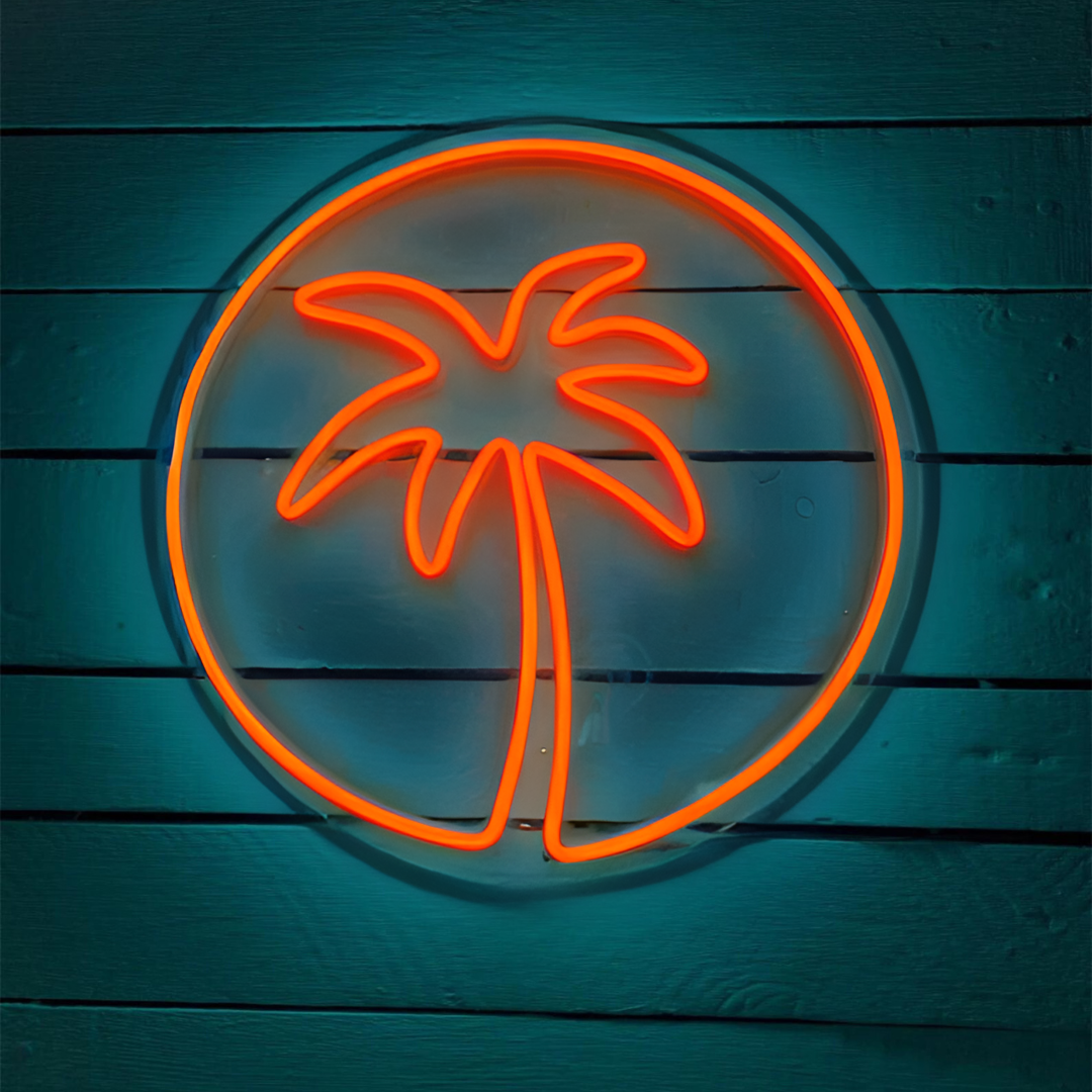Vivid neon palm tree sign, perfect for holiday themes, bar settings, and adding a lively atmosphere to man caves