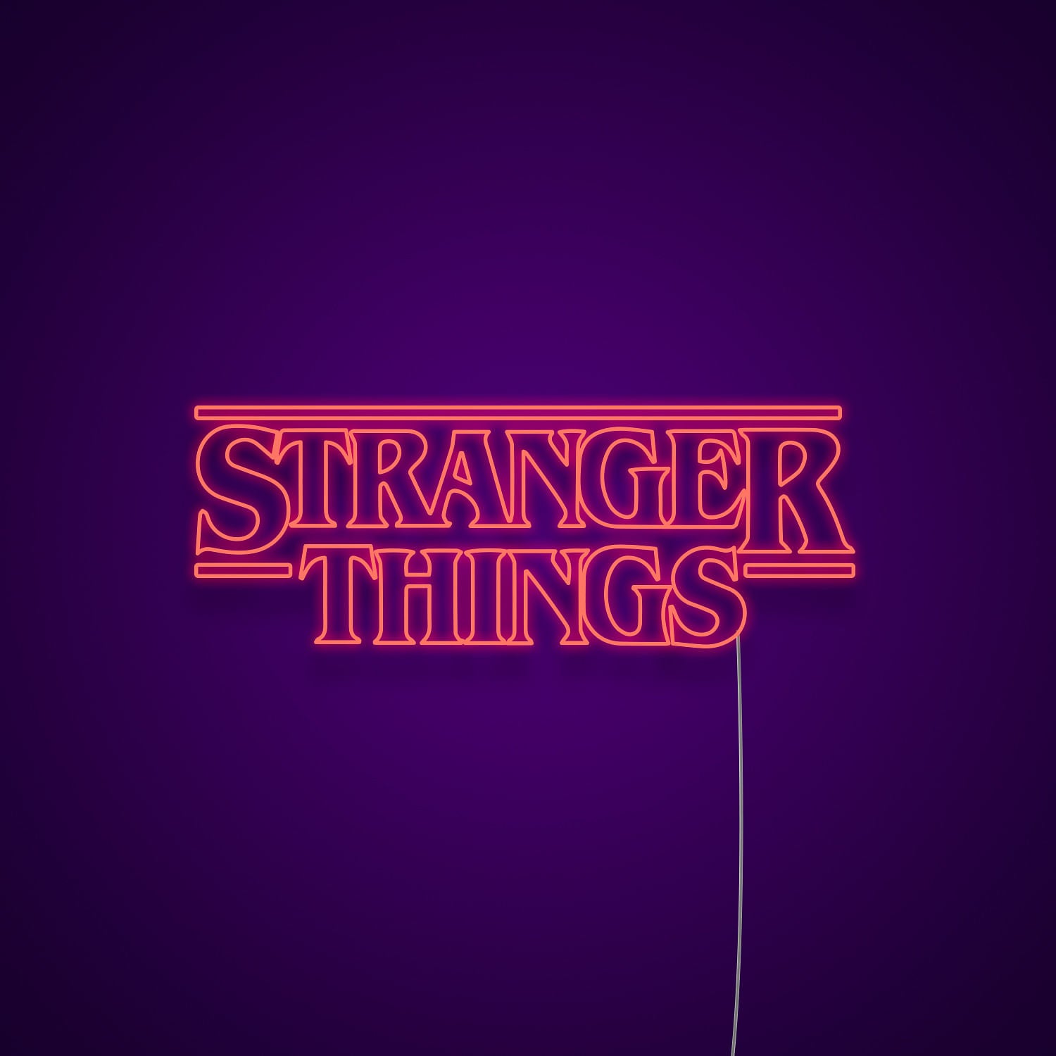 Stranger Things neon sign with the classic logo in vibrant colours, illuminating a room with '80s nostalgia.