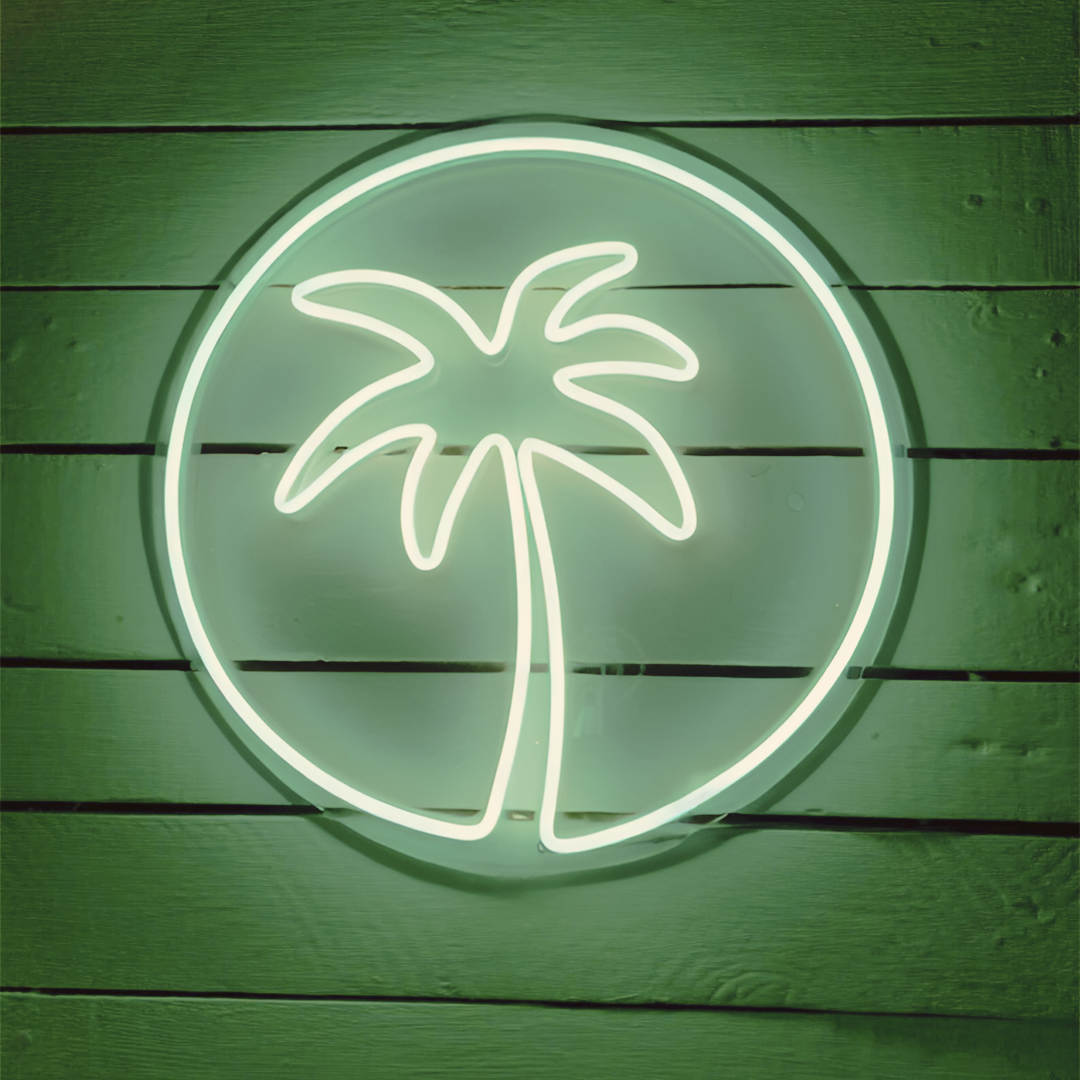 Colorful neon palm tree sign, ideal for holiday-themed bars and man caves, creating a vibrant and tropical atmosphere
