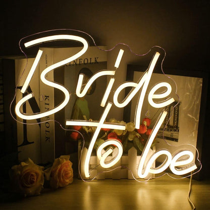 Custom LED 'Bride to Be Wedding Neon Sign' emitting a soft, elegant glow, designed for bridal showers and engagement parties