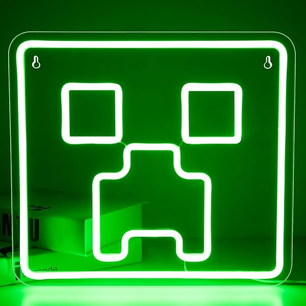 A green neon sign of the creeper from minecraft