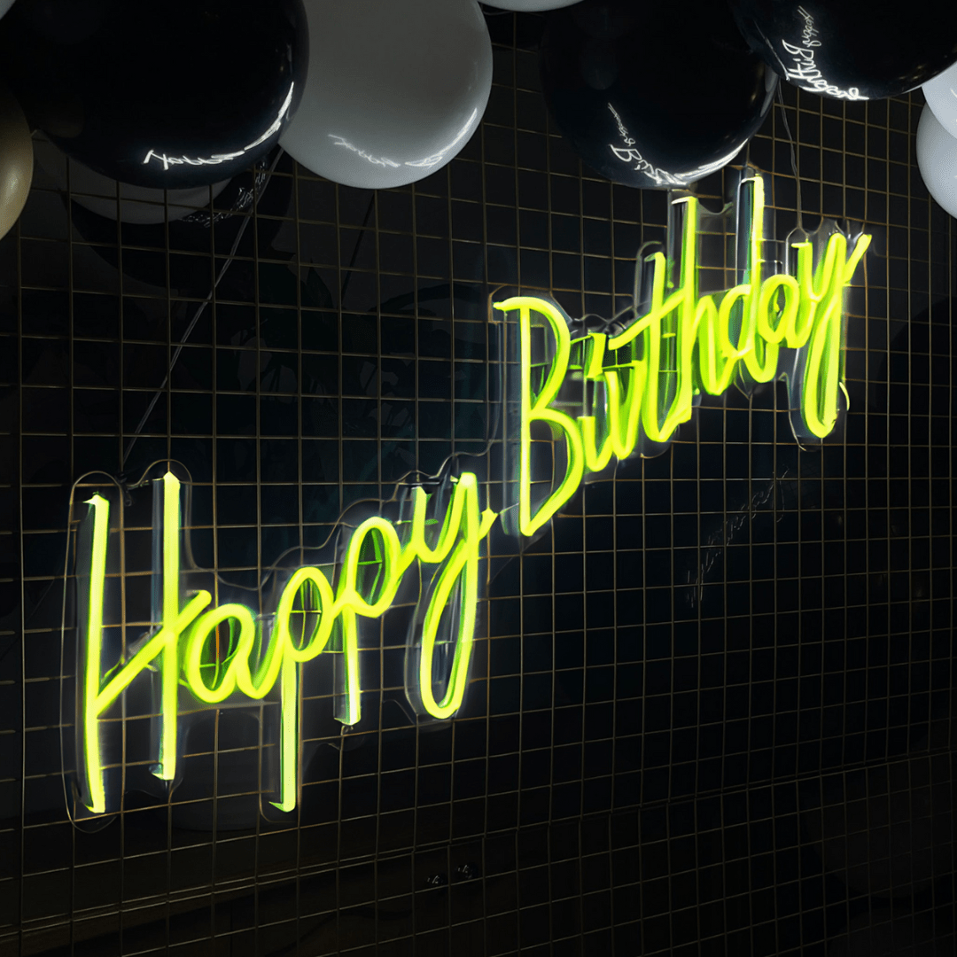 Colorful LED Happy Birthday neon sign, a lively addition to birthday festivities, party decorations, and joyful celebrations.