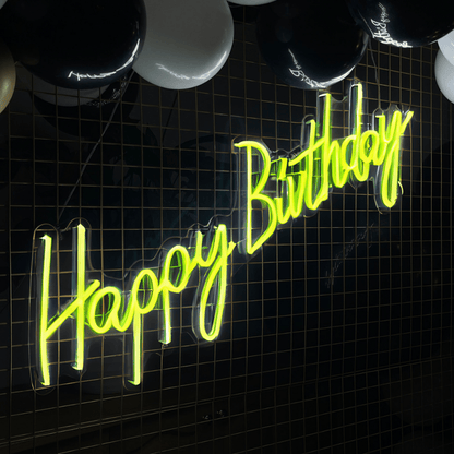 Colorful LED Happy Birthday neon sign, a lively addition to birthday festivities, party decorations, and joyful celebrations.
