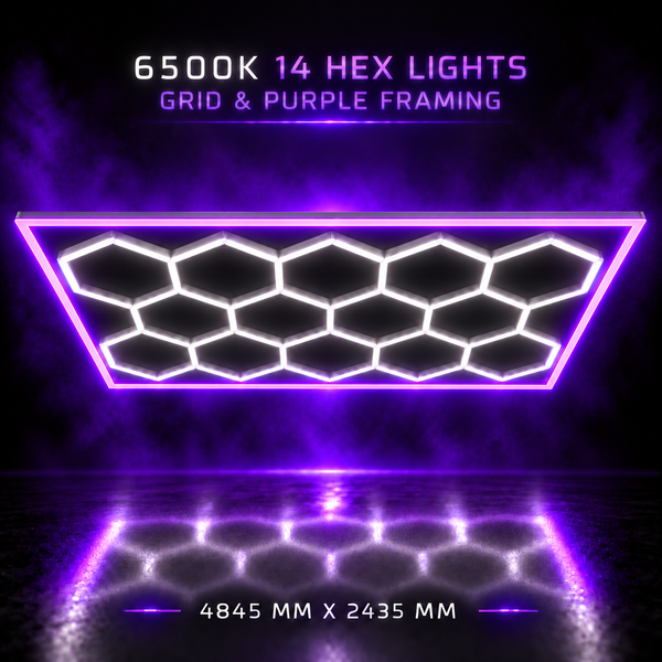 A glowing LED hex grid light panel with purple framing, shown against a dark smoky background with text reading '6500K 14 HEX LIGHTS', 'GRID & PURPLE FRAMING', and dimensions '4845 MM X 2435 MM'.