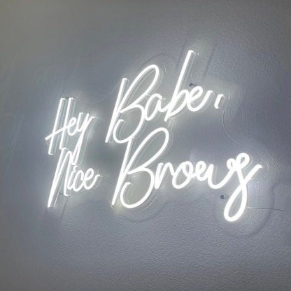 Hey Babe Nice Brow Cool White Neon, Brow Neon Signs, Salon Neon Signs, Salon Signs, Aesthetic Signs