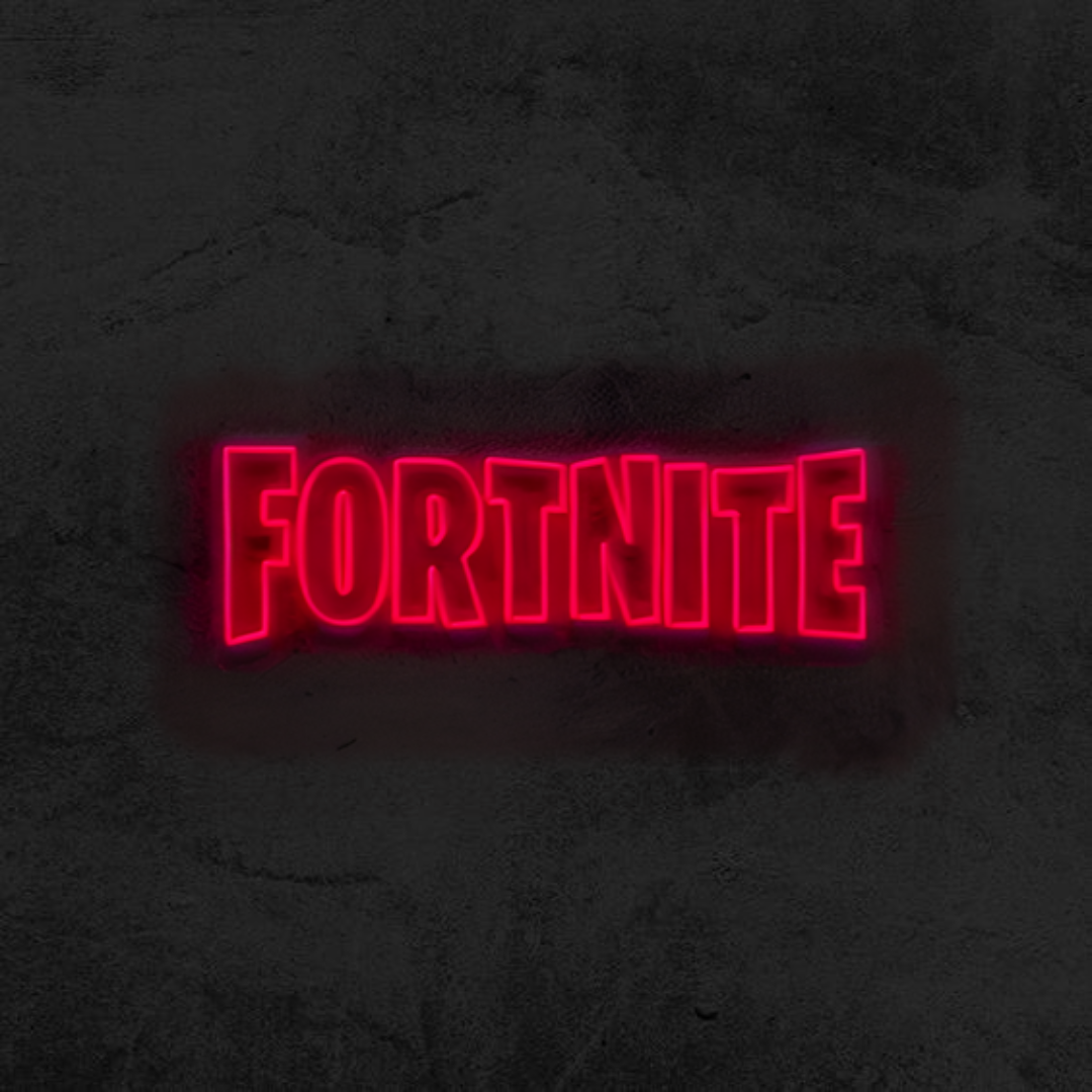 Bright Fortnite game room neon sign, illuminating a gaming setup with colorful LED lights, ideal for passionate gamers.