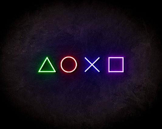 PlayStation symbols neon sign featuring green triangle, red circle, blue cross, and purple square in LED light, perfect for gaming room decor
