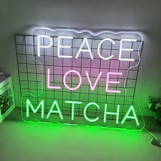 Peace Love Matcha Neon Sign – LED Decor for Tea Shops & Cafes - Neon Signs UK