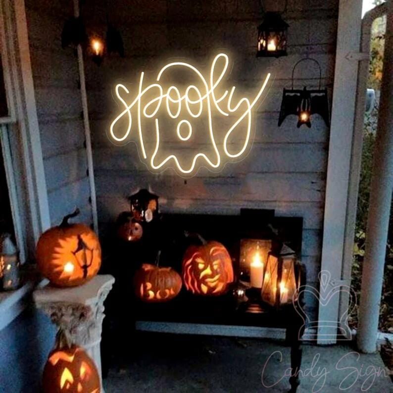 A Halloween neon sign of a ghost in White